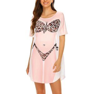 🆕Women's Leopard Print Bikini Cover-Up Dress, Polyester, Short Sleeve, Fun Wear